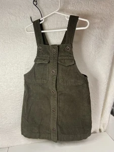 Zara Girls Corduroy Pinafore Dress Jumper Pockets Green Olive Button Front Sz 6 - Picture 1 of 9