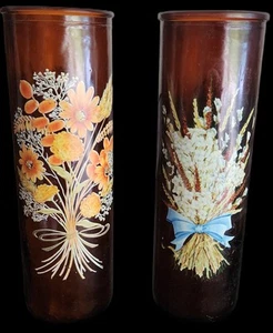 Vintage 70s 9 In Amber Glass Jar Candle, Tall Prayer Style Candle, Floral Design - Picture 1 of 7