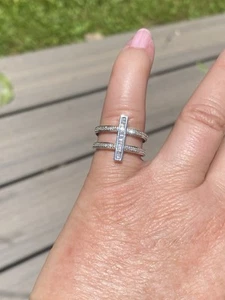 Sterling Silver Round & Baguette White Pave Genuine Diamond Split Shank Bar Ring - Picture 1 of 14