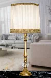 lampada da tavolo comodino classica in cristallo e ottone con paralume plissé: - Imagen 1 de 4