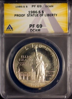1986-S $1 Statue of Liberty Silver Dollar Proof 69 DCAM  ANACS # 7269875 + Bonus - Image 1 of 2