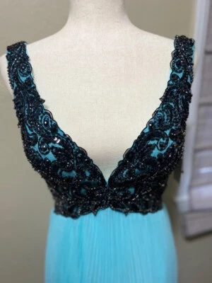 Tony Bowls Evening Black Lace & Sequin Bodice w Flowing Turquoise Dress 6, NWT Foto 1 de 4