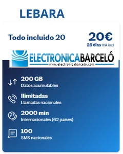 TARJETA SIM PREPAGO LEBARA CON 200 GB + LLAMADAS ILIMITADAS + INTERNACIONALES - Imagen 1 de 2