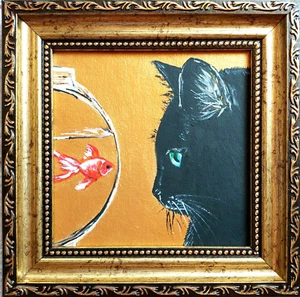 Pintura al óleo de gato y pez negro ilustraciones doradas enmarcadas gato negro enmarcado original - Imagen 1 de 10