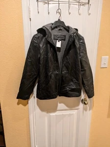 JLC New York Outerwear Black Genuine Leather Hooded Jacket Size Large - Picture 1 of 11