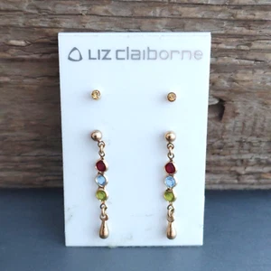 Liz Claiborne Earrings Set 2 Pair Posts Delicate Dainty Gold Tone Rhinestones - Picture 1 of 4