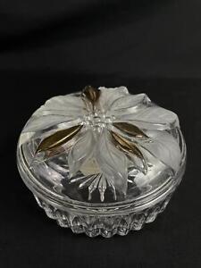 Vintage Studio Nova Japan Clear Glass Round Candy Dish Gold Toned Poinsettia 