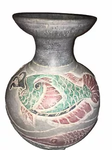 Fish Vase Art Pottery Scribed W/Fish Handpainted 15" T 33" Circum Large! - Picture 1 of 11