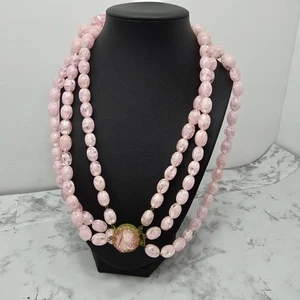 Collana Vintage Art Decò Rosa Originale Doppio Filo Perline Tono Oro - Foto 1 di 3