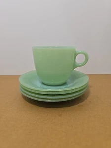 Vintage King Jadeite Tea Coffee/Cup With Oring Handle & 4 Ribbed Saucer/Plates - Picture 1 of 21