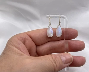 14K Moonstone Earrings Natural Briolettes Rainbow NICE FLASH Minimalist - Picture 1 of 6