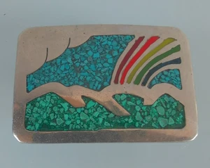 Vintage Alpaca Mexico Silver Tone Turquoise Inlaid Rainbow Mountain Belt Buckle - Picture 1 of 8