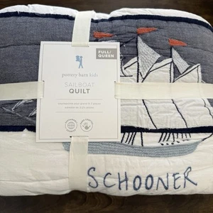 POTTERY BARN KIDS SAILBOAT APPLIQUES QUILT, F/Q HAND-STITCHED COTTON NAUTICAL - Picture 1 of 12