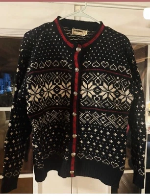 Vintage L.L. Suéter Cárdigan Bean Azul Rojo Blanco Grueso Tejido Fair Isle - Med Foto 1 de 4