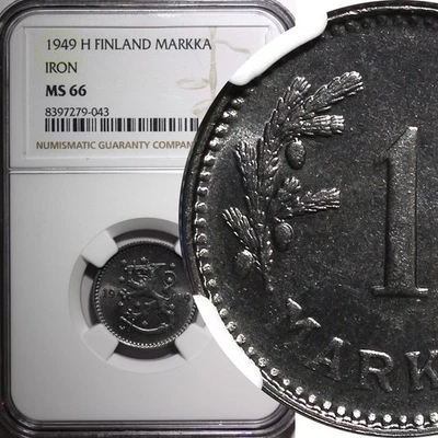 FINLAND Iron 1949 H 1 Markka NGC MS66 BU TOP GRADED BY NGC KM# 30b (043) - Image 1 of 4
