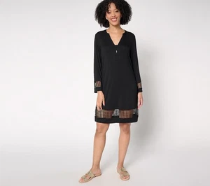 Susan Graver Soleil Sz XL Regular Printed Dress with Lace Trim A683082 BLACK - Picture 1 of 1