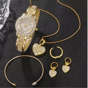 Women's Gold Watch Jewelry Set | Crystal Necklace Earrings Ring Gift - Picture 1 of 5
