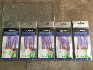 5 x MACKEREL FEATHERS RIGS 5 HOOK PURPLE SPARKLE RIG SEA FISHING BOAT & BEACH - Picture 1 of 1