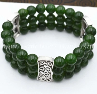 Brazalete de gemas de plata tibetana elástica con cuentas de jade verde natural de 3 filas de 8 mm 7,5"" Foto 1 de 4