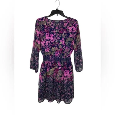 Vestido Camisa Floral Lucky Brand Talla S Azul Marino Púrpura Forrado Cintura Elástica Boho Foto 1 de 4