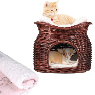 BINGO PAW Wicker Willow 2 Tier Pet Bunk Bed Basket Cat Kitten Puppy Small Dog Animal House