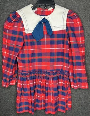 Vestido de Colección Polly Flinders Rojo y Azul a Cuadros Calado a Mano Talla 5 Lazo Foto 1 de 4