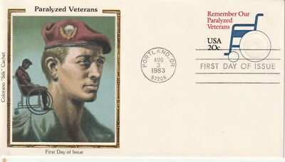 U.S. FDC Scott #U605 the 20c Paralyzed Veterans Embossed Envelope, Colorano Silk - Image 1 of 2