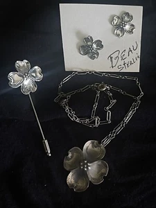 Beau Sterling Silver 4 Leaf Clover Set Necklace, Studded Earrings And Pin 925 - Picture 1 of 3