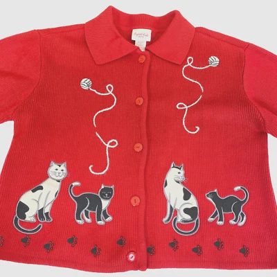 Suéter Gatos Cristal Kobe Med Petite Rojo Hilo Negro Blanco Pawprints Cardigan Foto 1 de 4