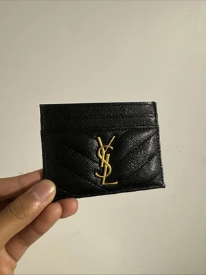 *NEW* NO BOX YSL Saint Laurent Cassandre Black Leather Card Holder w Gold Logo - Image 1 of 4