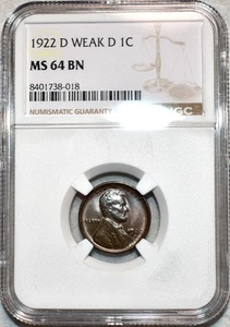 NGC MS-64 BN 1922 Weak D Lincoln Cent, Richly Hued, Glossy, Scarce Variety! - Picture 1 of 4