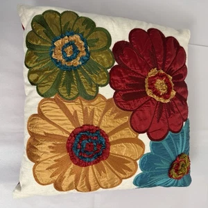 Pier 1 Imports Embroidered Floral Pillow Red Blue Green Yellow 18" x18" Appliqué - Picture 1 of 8