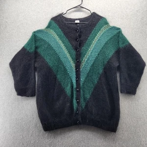 New Zealand Handknits Cardigan Sweater Womens Large Black Green Chevron Fuzzy - Picture 1 of 9