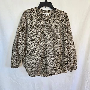 Free Assembly Women's True Black Ditsy Black Tan Floral Button-Front Shirt Large - Picture 1 of 10