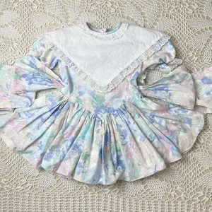 Vintage 1980s Baby Girl 3t Pastel Floral Bib Collar Frilly Handmade Twirl Dress - Picture 1 of 4