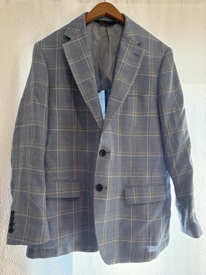 Abrigo deportivo Patrick James 44 R a cuadros lino mezcla seda Italia azul Foto 1 de 4