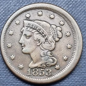 1853 Braided Hair Large Cent 1c Better Grade VF OFF CENTER #78476 - Picture 1 of 2
