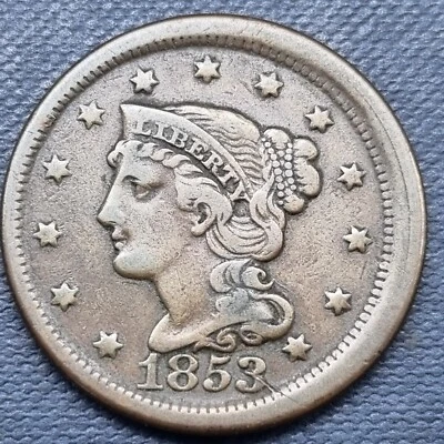 1853 Braided Hair Large Cent 1c Better Grade VF OFF CENTER #78476 - Image 1 of 2
