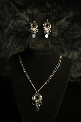 Retro "Lia Sophia" necklace and earring set w/shell, blue glass, & disk accents - Image 1 of 4