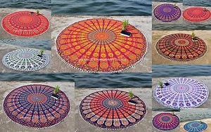 Indian Pom Pom Round Mandala Tapestry Wall Hanging Beach Throw Towel Yoga Mat - Picture 1 of 42