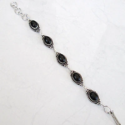 Christmas gift jewelry black onyx silver plated bracelet Sz 8"/adjustable - Image 1 of 4
