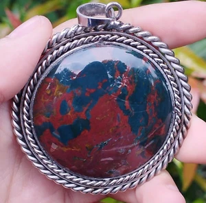 35gr Beautiful Green Jasper Bloodstone Gemstone Necklace Pendant Like a Painting - Picture 1 of 9