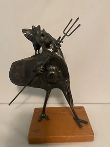 Signed Vintage Gothic Brutalist Handmade Metal Sculpture of Devil & Owl - Picture 1 of 10