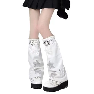 Y2k Leg Warmers Women Denim Star Harajuku Goth Punk Rave Emo White - Picture 1 of 9