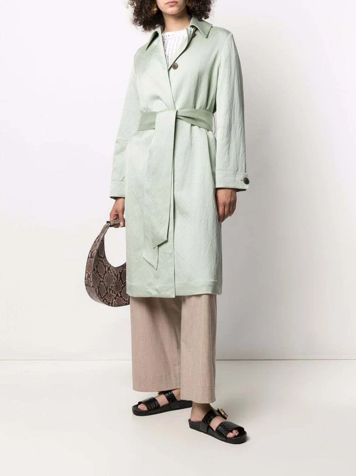 Vince S Small Womens Coat Celery Green Linen Blend Belted Overcoat Jacket