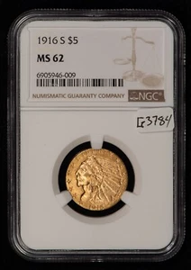 1916-S G$5 Indian Head Gold Half Eagle - Better Date - NGC MS 62 - SKU-G3784 - Picture 1 of 4