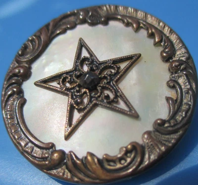 Antique French MOP Shell Button Brass Overlay Facet Steel Pierced Star Paris - Image 1 of 4