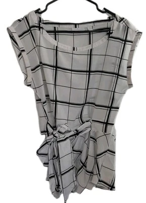 New York & Co White & Black Plaid Check Blouse Size Medium Top Career Tie Waist  - Image 1 of 4