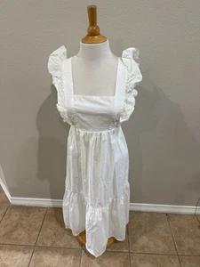 SCOOP Dress SZ S (4/6) White Maxi Ruffled Open Back W Tie Bust35 Cotton Pinafore - Picture 1 of 8