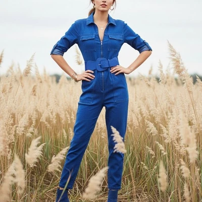 Women Royal Blue Elastic Waistband Weekend Look Fashion Belt Big Buckle Size S M - Image 1 of 4